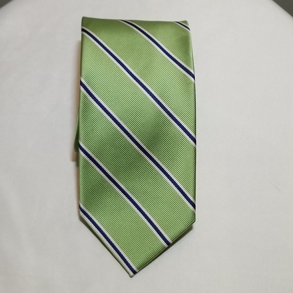 ROOSTER Lime Green Tie w/White & Dark Blue Stripes